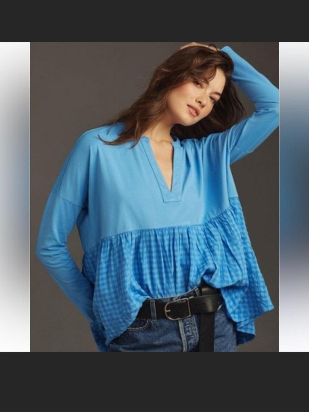 Pilcro Anthropologie Blue Gingham babydoll Peplum Top Medium flowy